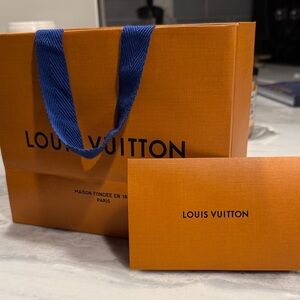 Louis Vuitton Orange Bag with Blue Handles and Card